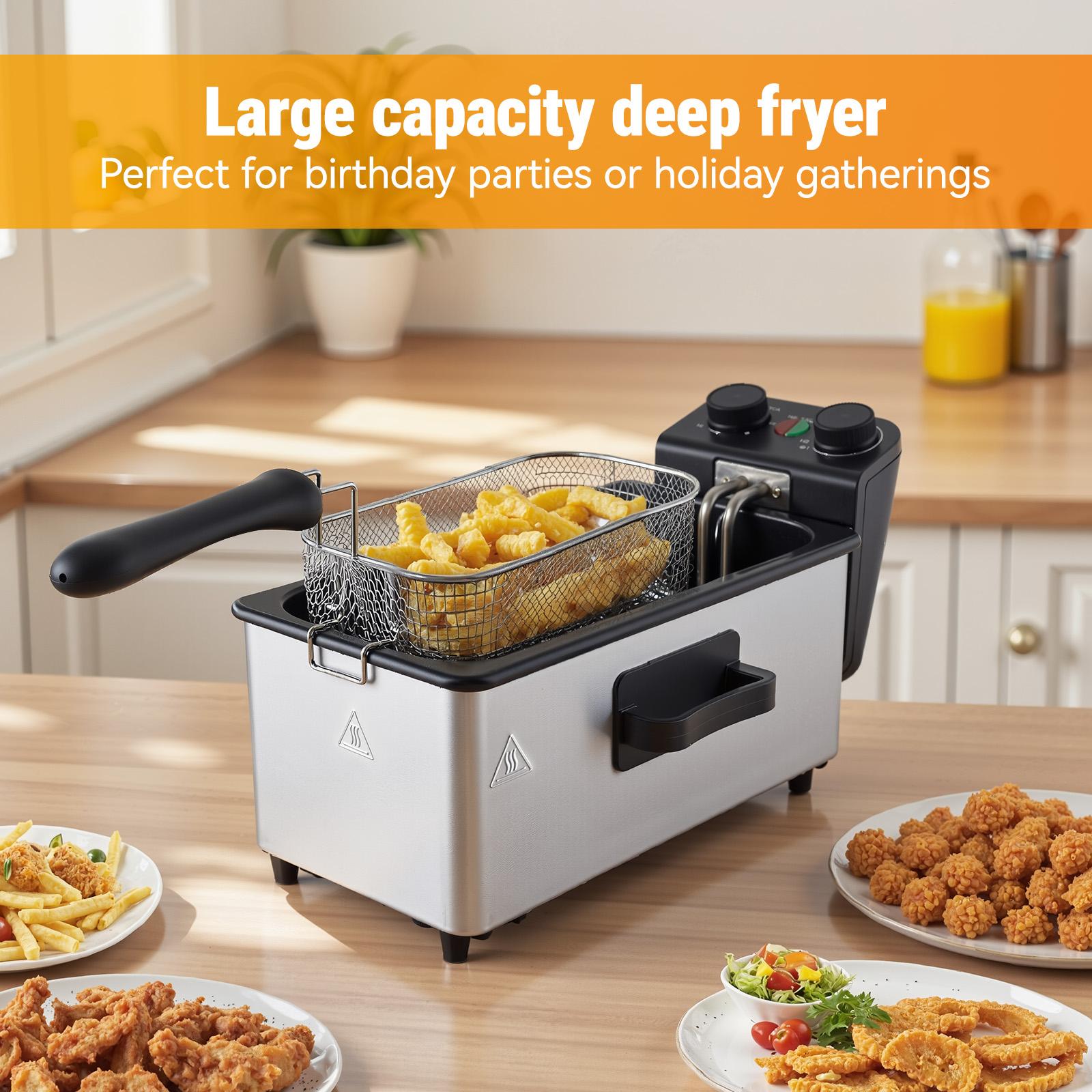 Electric Deep Fryer with Timer, Stainless Steel Countertop Fryer with Basket for Fries, Chicken, Shrimp and Snacks