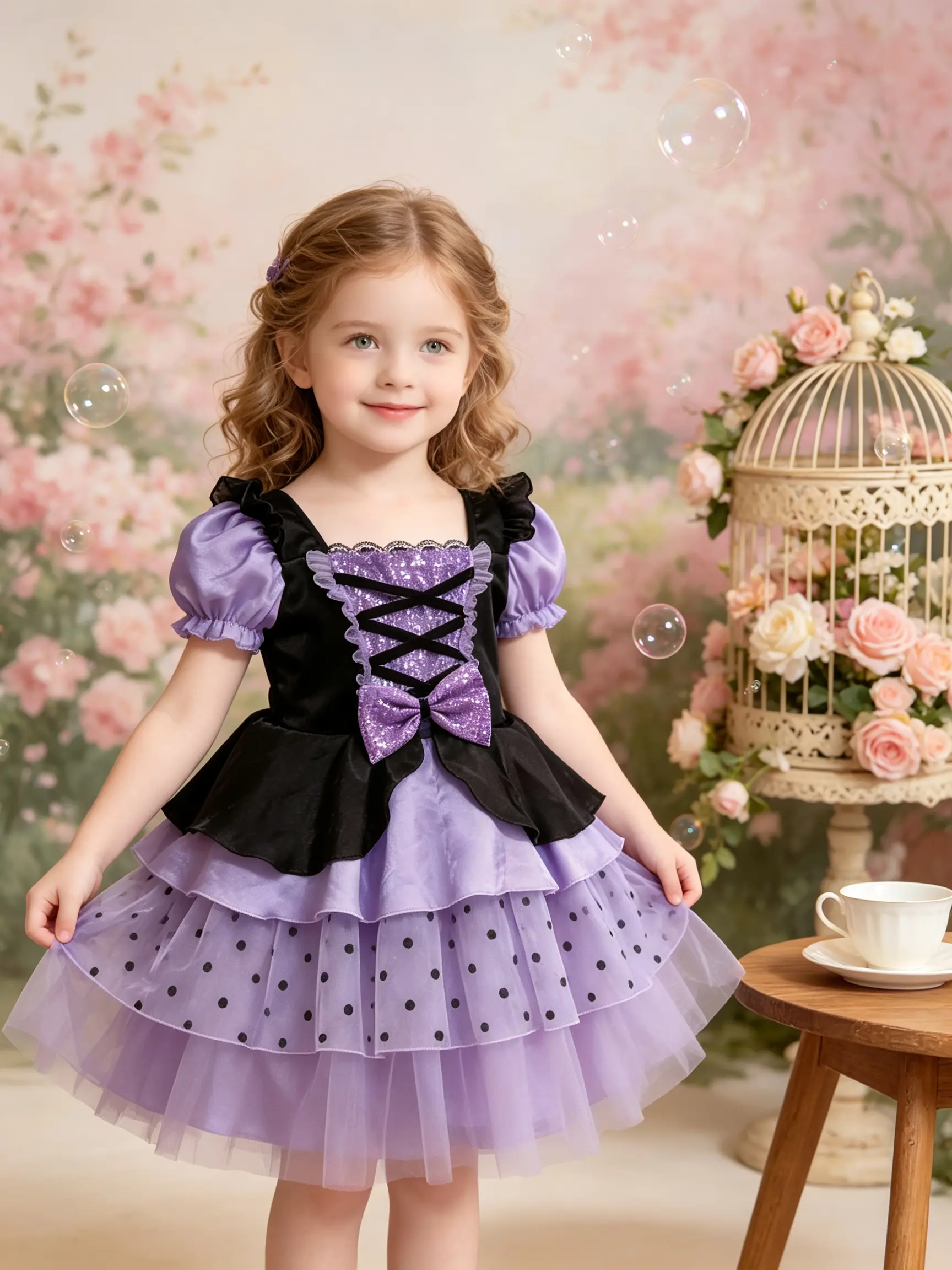 Black Lavender Polka Dot Kids Princess Dress Puff Short Sleeve Glitter Bow Tiered Tulle Tutu Gown For Toddler Birthday Party Ballet Class Photo Shoot Daily Dress Up