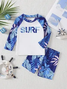 Coconut tree print, boys' casual minimalist crew-neck, two-piece long-sleeve swimwear set; all-over print swim trunks set, perfect for summer wear and leisure activities like swimming Swimming Rashguard