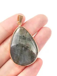 Labradorite Water Drop Pendant Necklace, Moonstone Half Gemstone, Copper Edge, Elegant Jewelry for Women, All Seasons Fashion Accessory