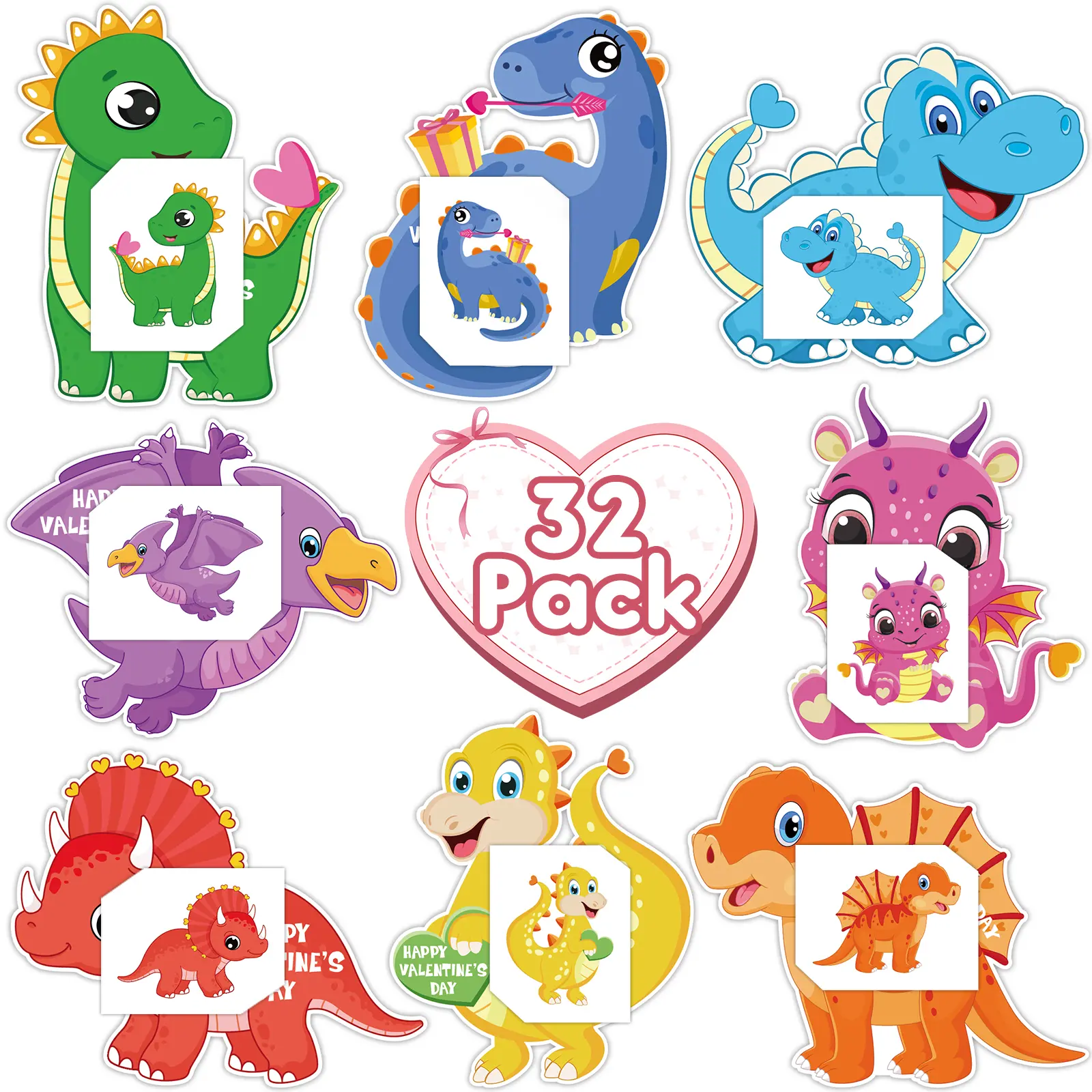 32 Pack Valentine's Day Cards, Dinosaur Valentines Cards with Tattoos and Envelopes, Happy Valentines Cards for School Classroom, Party Favors Valentines Exchange Cards