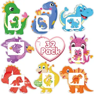 32 Pack Valentine's Day Cards, Dinosaur Valentines Cards with Tattoos and Envelopes, Happy Valentines Cards for School Classroom, Party Favors Valentines Exchange Cards