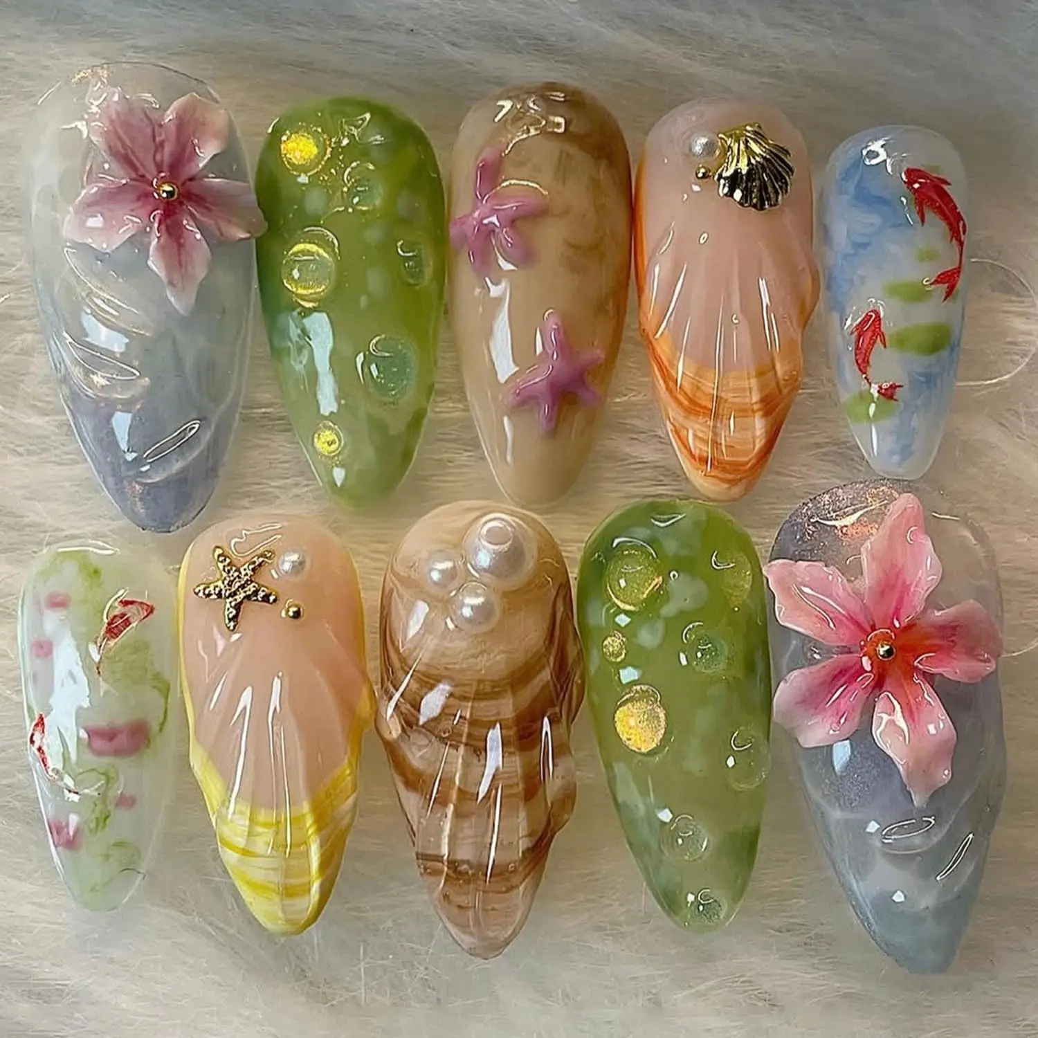 Halloween Fall Gift 30Pcs Press on Nails Medium Almond 3D Flower Koi Fish Nails, Flower Design False Nails Full Cover French Tip Fake Nails for Women Manicure
