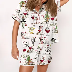 Christmas Winey Snowman Pajama Set For Women Print Comfy Satin Sleepwear & Loungewear Pjs - Bottoms Without Pockets