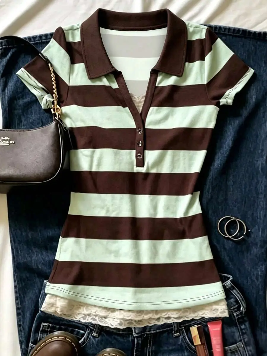 Vintage College Style Striped Polo Shirt, Women's New Slim Fit Short V-Neck Short Sleeve T-Shirt Top For Summer