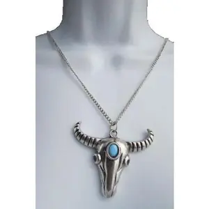 TFJ Women Long Western Fashion Necklace Silver Metal Chains Texas Long Horn Cow Pendant Bull Skull Charm
