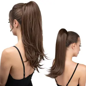 Clip in Ponytail Extension Medium Brown 20 Inch Pony Tails Hair Extensions for Women Long Straight Curly Tail Ponytail Hair piece Synthetic Fake Versatile Pony