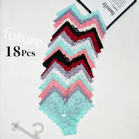 Women's Low-Waist Lace Hipster Panties - 18pcs, Semi-Sheer, Printed, Breathable, Non-Restrictive, Plus Size, Summer Bridal Underwear Ideal for Sleeping & Exercising