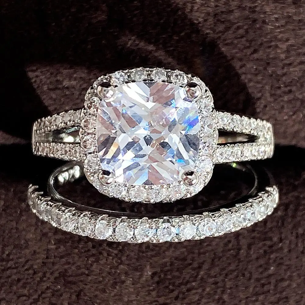 micro Women's Light Luxury Micro Pave Ring Set, 2-Piece Square Shape Zircon Engagement Couple Ring, Engagement Ring