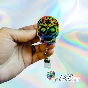 Rainbow Sugar Skull Badge ~ Retractable ID Badge Holder ~ Customizable ~ Handmade ~ Nurse Badge Reel ~ Teacher Lanyard ~ Magnetic Pin ~ Stethoscope Tag ~ Magnet ~ Phone Grip