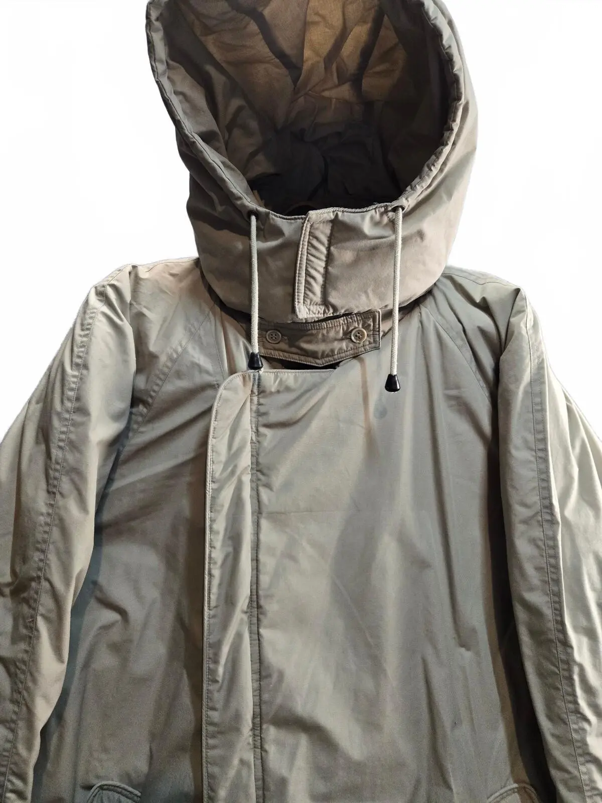 Long Beige Hooded Winter Coat with Belt Large