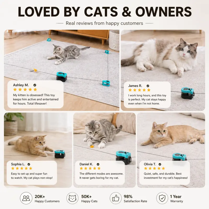 AsFrost Automatic Interactive Cat Teaser Toy - Hands-Free Indoor Accessory with Remote, Adjust Speed, 2pcs Feather/DIY String/1500-3000 rpm Moving Mouse Lure, 3 Clips, USB-C Rechargeable for Bored Kittens, Non-Toxic stuff anti-slip design, Feather Pattern