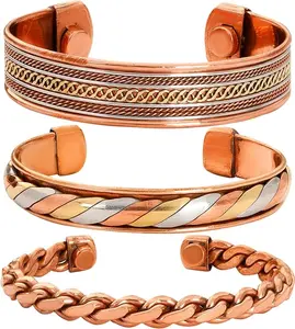Pure Copper Bracelet Set Of 3 Tibetan Handmade Cuff And Kada For Men And Women Adjustable Bangle (Style 10)