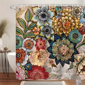 Vintage Boho Floral, Flower Shower Curtain, Ornate Botanical Print Extra Large Waterproof Mildew-Proof Bathroom Partition Curtain for Dry-Wet Separation, Durable Polyester Fabric Included & 12 Hooks for Easy Hanging, Home Decor, Restroom