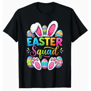 Matching Family Easter Bunny & Egg Squad T-Shirt - Loose Fit Round Neck Casual Role Costume with Bunny & Egg Patterns, Slogan for Easter Egg Hunt Outfits, Themed Apparel (Hand Washable)