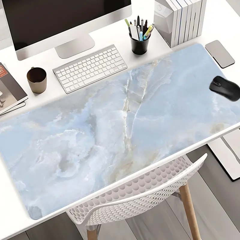 Light Blue Marble Mouse Pads Extra Large Computer Desk Top Mat, Non - Slip Rubber Base & Stitched Edge, Elegant Stone Texture for Home and Office, Desk Mats, Aesthetic Desk Accessories