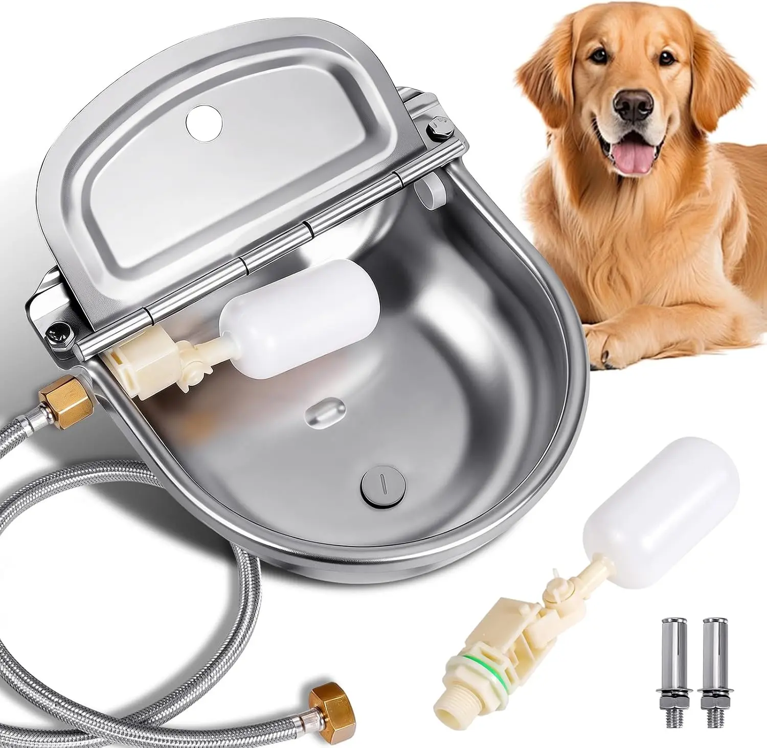 Automatic Dog Water Bowl Dispenser 304 Stainless Steel Dog Waterer| Wall Mounted, Metal Outdoor Heavy Duty Auto Self Filling Animal Water Feeder for Dogs Cats, with Float Valve and Drain Plug