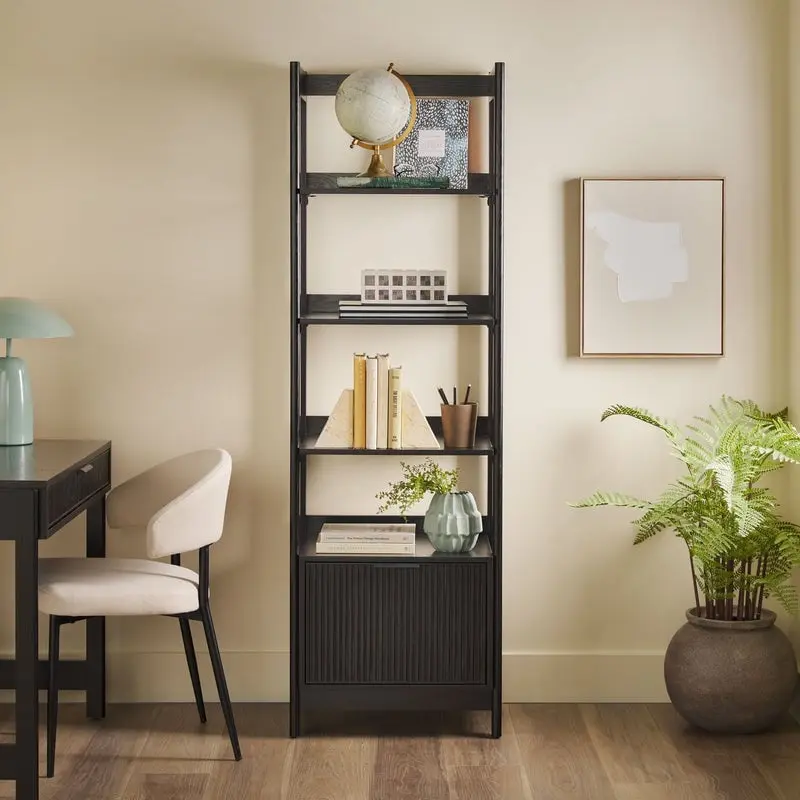 Walker Edison Holmes Modern Narrow Bookcase with Reeded Drawer - Black, Space Saving Furniture for Small Room Ideas, Office Inspo, Study Setup, Home Library, Indoor Shelving Unit WEHOL41OS2BL0
