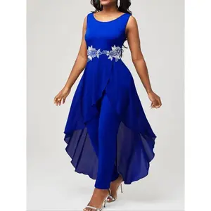 Women’s round-neck jumpsuit with contrasting lace and an asymmetrical hem; women’s back-to-school summer camp outfit; jumpsuit; Ramadan outdoor festival party performance Christmas vest jumpsuit; women’s jumpsuit GARMENTARY