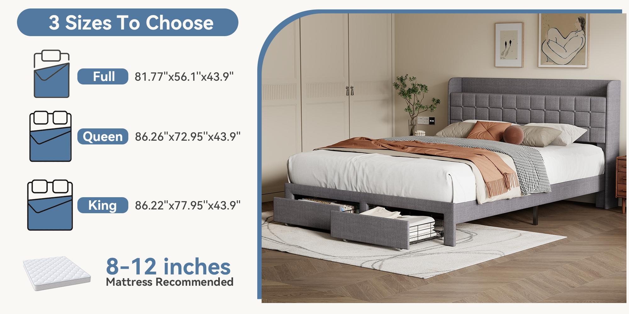Upholstered Platform Bed Frame with Storage, Full Size Bed Frame with 2 Metal Baskets & Fabric Headboard, Wooden Slats Support, No Box Spring Needed, Easy Assembly, Bedroom Furniture Upholstered Platform Bed Frame with Storage, Full Size Bed Frame with 2 Metal Baskets & Fabric Headboard, Wooden Slats Support, No Box Spring Needed, Easy Assembly, Bedroom Furniture