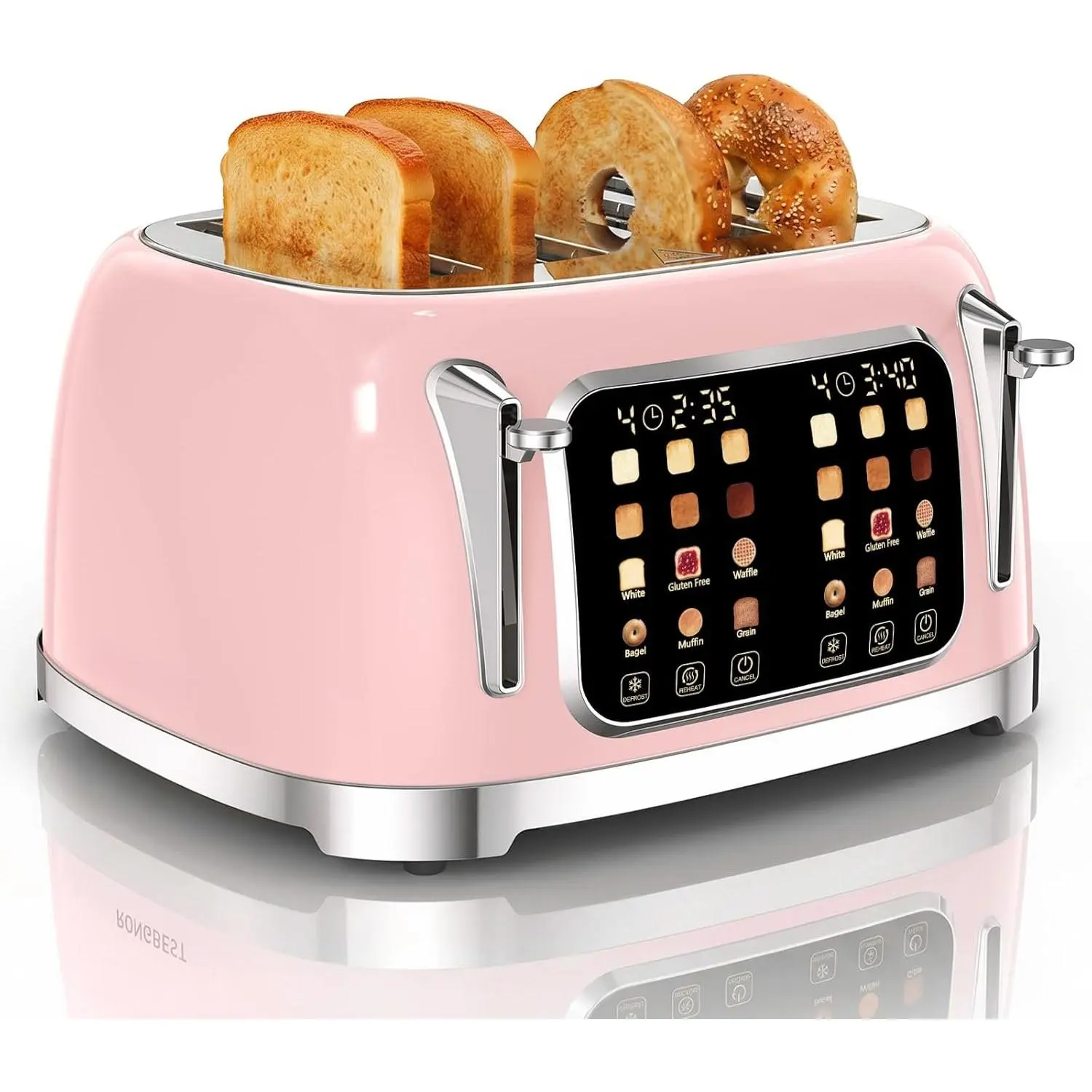 Retro Look 4-Slice Stainless Steel Wide Slot Touchscreen Toaster - 6 Adjustable Browning Levels, Bagel Mode, Reheat & Defrost, Removable Crumb Tray, Cord Storage, Compact, Blush Pink for Family 4-Slice Toasting