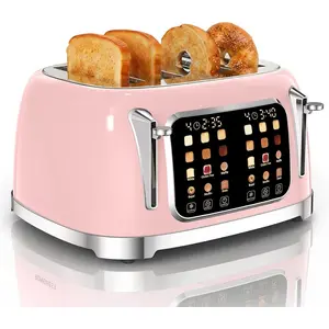 Retro Toaster 4 Slice with Stainless Steel Wide Slot Touchscreen for Family Breakfast, Reheat & Defrost, 6 Browning Levels for Bagel & Bread, Removable Crumb Tray, Blush