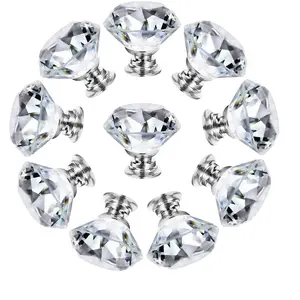 10 Elegant Crystal Glass Handles, 30mm Diamond Shape Pulls for Wardrobe, Drawer, Furniture Accessories, Closet and Cabinet Hardware, Door Hardware, Luxurious Appearance