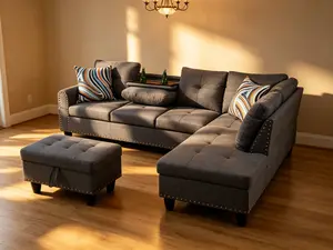 Contemporary Grey Linen Couch Combination - Minimal, Furniture-Style, Cushion Sofa Sets with Thick Premium Linen Fabric, Streamlined Simple Look, Low-Maintenance Design, Versatile All-Match Living Room Furniture, Minimal Sofa Sets