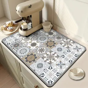 Super Absorbent Quick-Dry Non-Slip Kitchen Mat - Countertop Dish Drying Mat with Retro Floral pattern in Gray, Non-Slip Base for Coffee Bar, Sink, Dining Table - Easy-Clean Surface & Fast-Drying Design for Modern Kitchens, Kitchenware