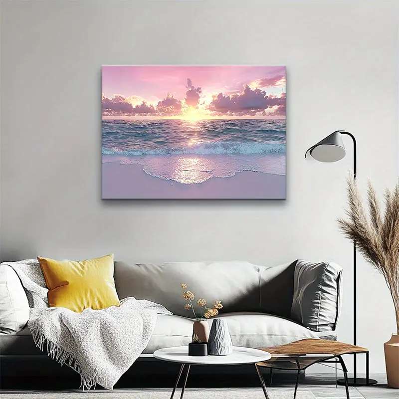 Pink Coastline Framed Canvas Art - Tropical Beach Sunset Wall Decor for Living Room, Bedroom - Ideal Gift for Loved Ones - Multiple Sizes Available, Home Decoration