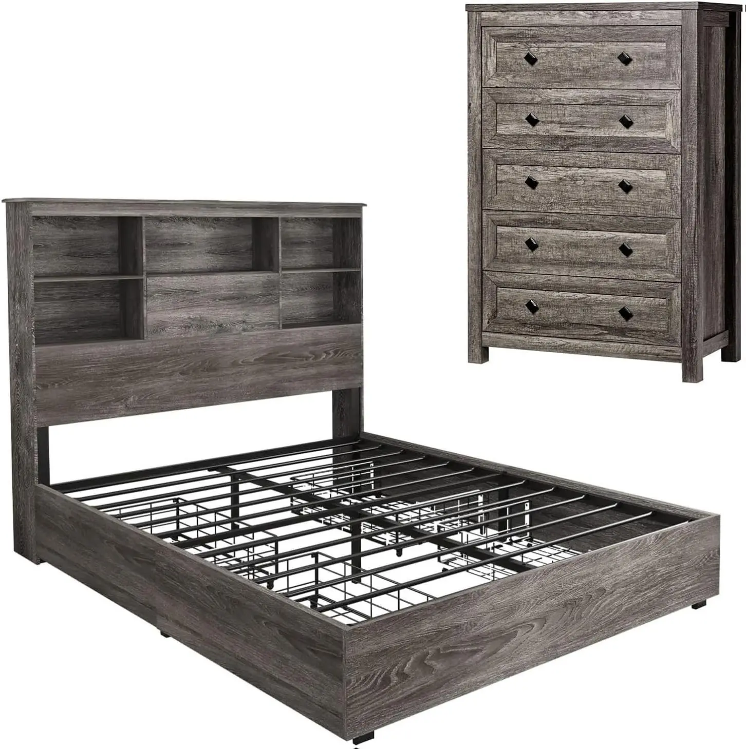 Amerlife 2-Piece Rustic Bedroom Farmhouse Indoor Furniture Set - Wooden Bed Frame with Charging Station, 4 Drawers; Tall 5-Drawer Dresser with Metal Handles for Bedroom Decor, Rustic Bedroom Sets