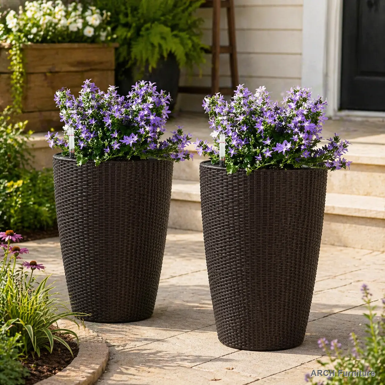 2-Pack 22-in Brown Faux Rattan Tall Planters - Auto-Watering Dual-Use Garden Pots with Water Level Monitor, Inner Bucket - Decorative Ornamental Indoor Outdoor Above-Ground Balcony Flower Pots, Above-Ground Flower Pots