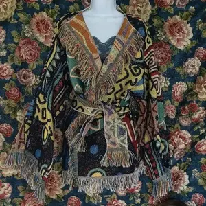 Geometric Shimmer Fringed Tapestry Jacket