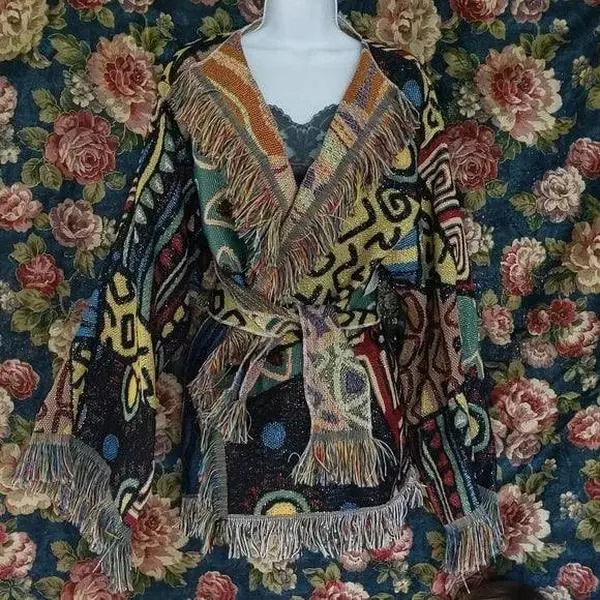 Geometric Shimmer Fringed Tapestry Jacket