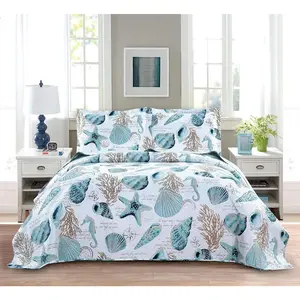3- Reversible Nautical Theme Bedspread Coverlet (90x90 Inches),Blue-Green Seashells Coral Beach Bedding Sets,Lightweight Quilt Set Bed Cover,Coastal Bed Set for  Seasons(Cyan,Full/)
