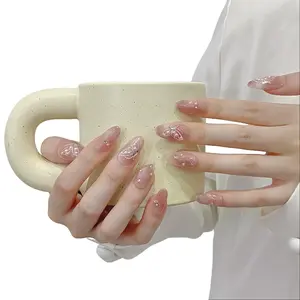 Butterfly Cat's Eye Pearl Nude Color High-End Light Luxury Style Whitening Light Therapy Press-Type Acrylic False Nail Art Patch Detachable Reusable