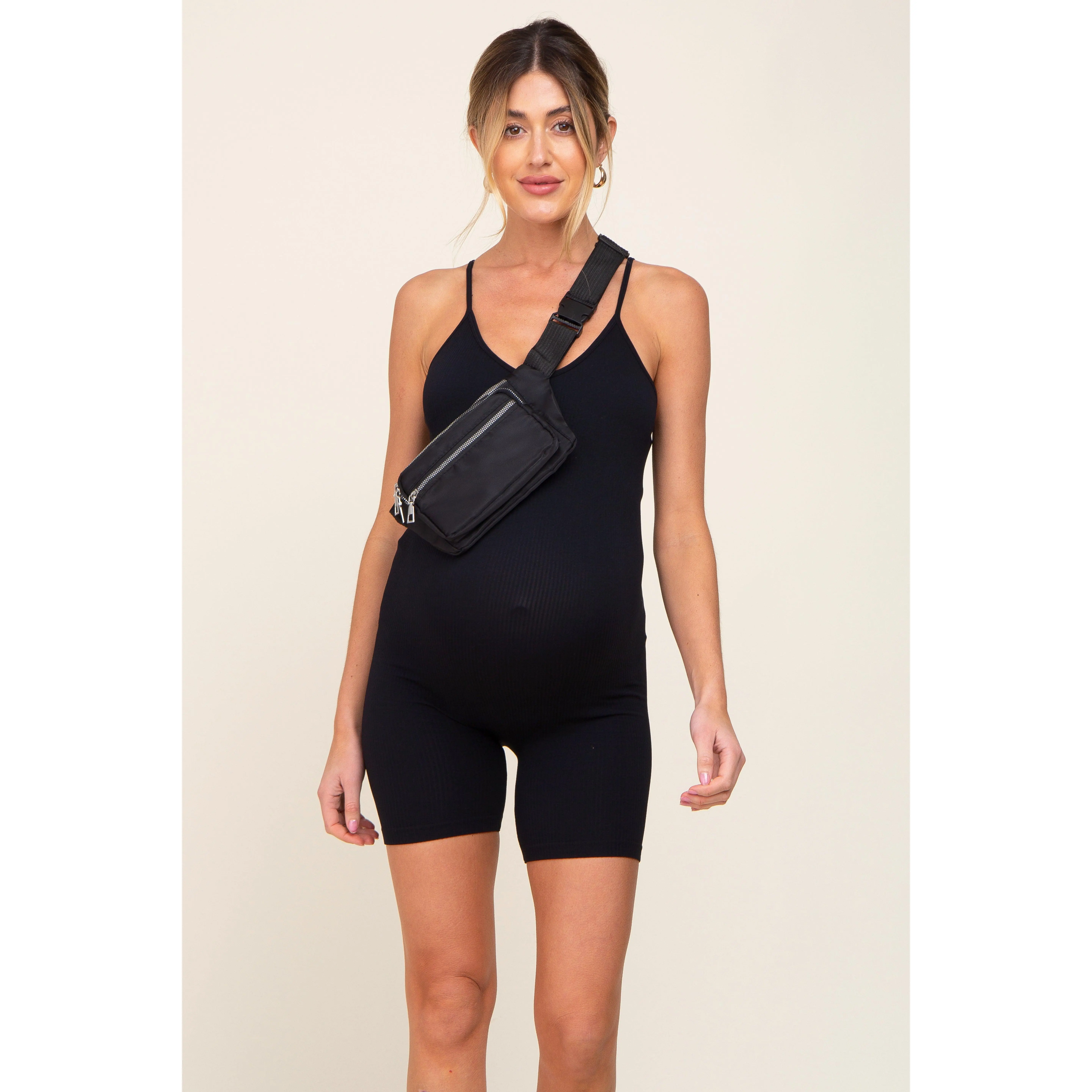 Black Ribbed Biker Short Maternity Romper