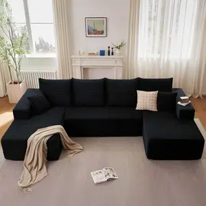 3 Packages Shipping132" U-Shaped Cloud Sectional CouchPlush Corduroy Modular Sofa with Double Chaise NoAssembly Deep Seat Boneless Sofa Set for Living Room FastShipping Black Couch Living Room Boneless Furniture modern modular sofa