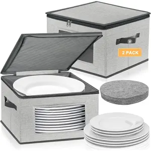 12 Inch Hard Shell Quilted Dinner Plate Storage Containers with Lids and Felt Protectors, Dinnerware Storage Box Case for Dishes Storage and Moving, Light Grey
