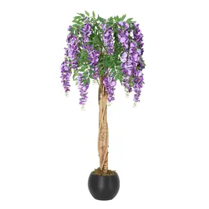 【GARVEE】Lifelike Silk Wistaria Vine Tree – Double Trunk Faux Flowering Plant with Hanging Vines, Moss, Realistic Decorative Plant in Cement Pot for Living Room, Office, Wedding, Photo Backdrop, Elegant Purple/White, 180cm