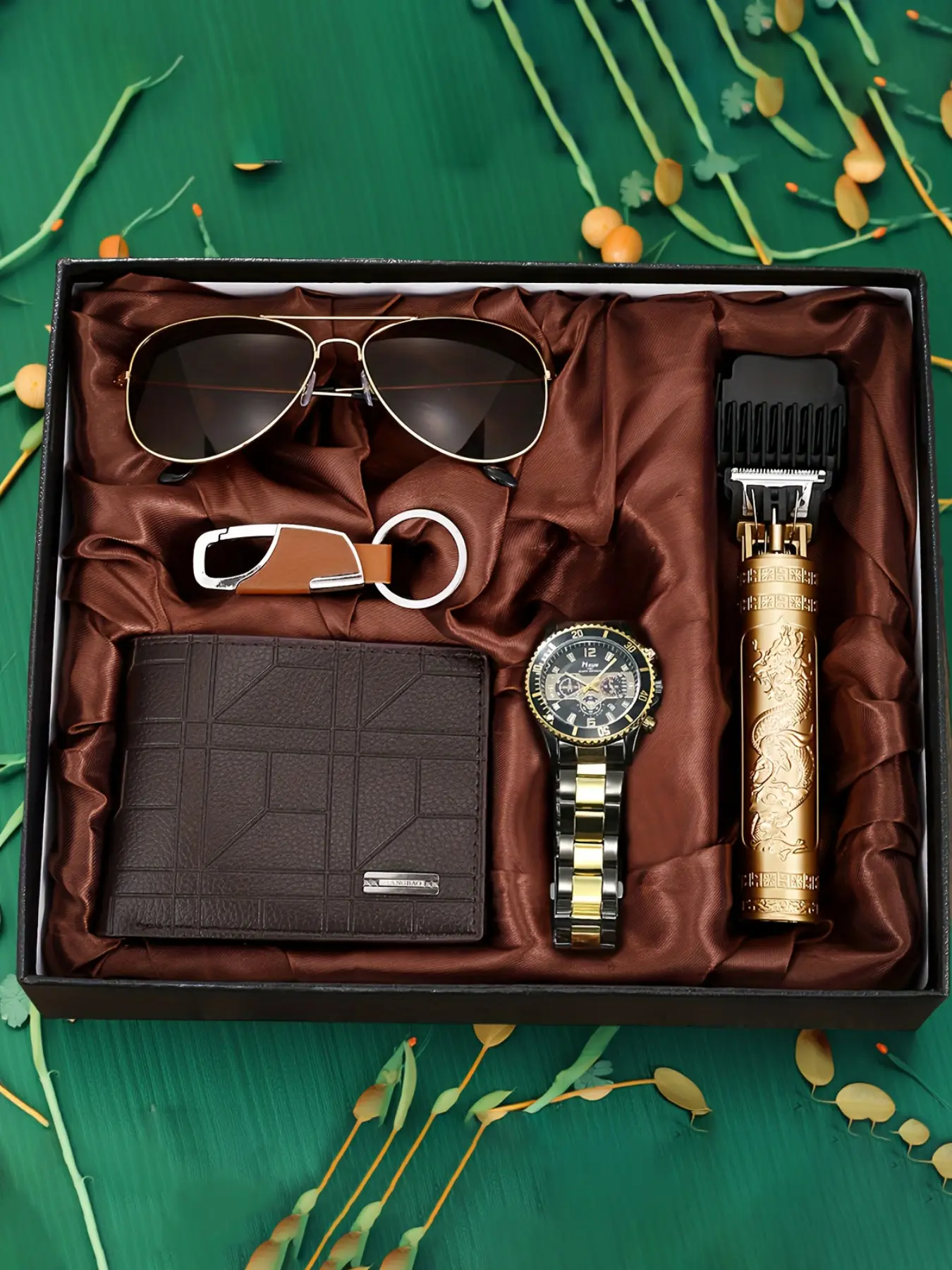 Men's Business Casual Watch Set with Sunglasses Wallet Hair Clipper Keychain, Perfect Gift for Father's Day Teacher's Day Christmas, Birthday Gift Set, Beautiful Deluxe Gift Box