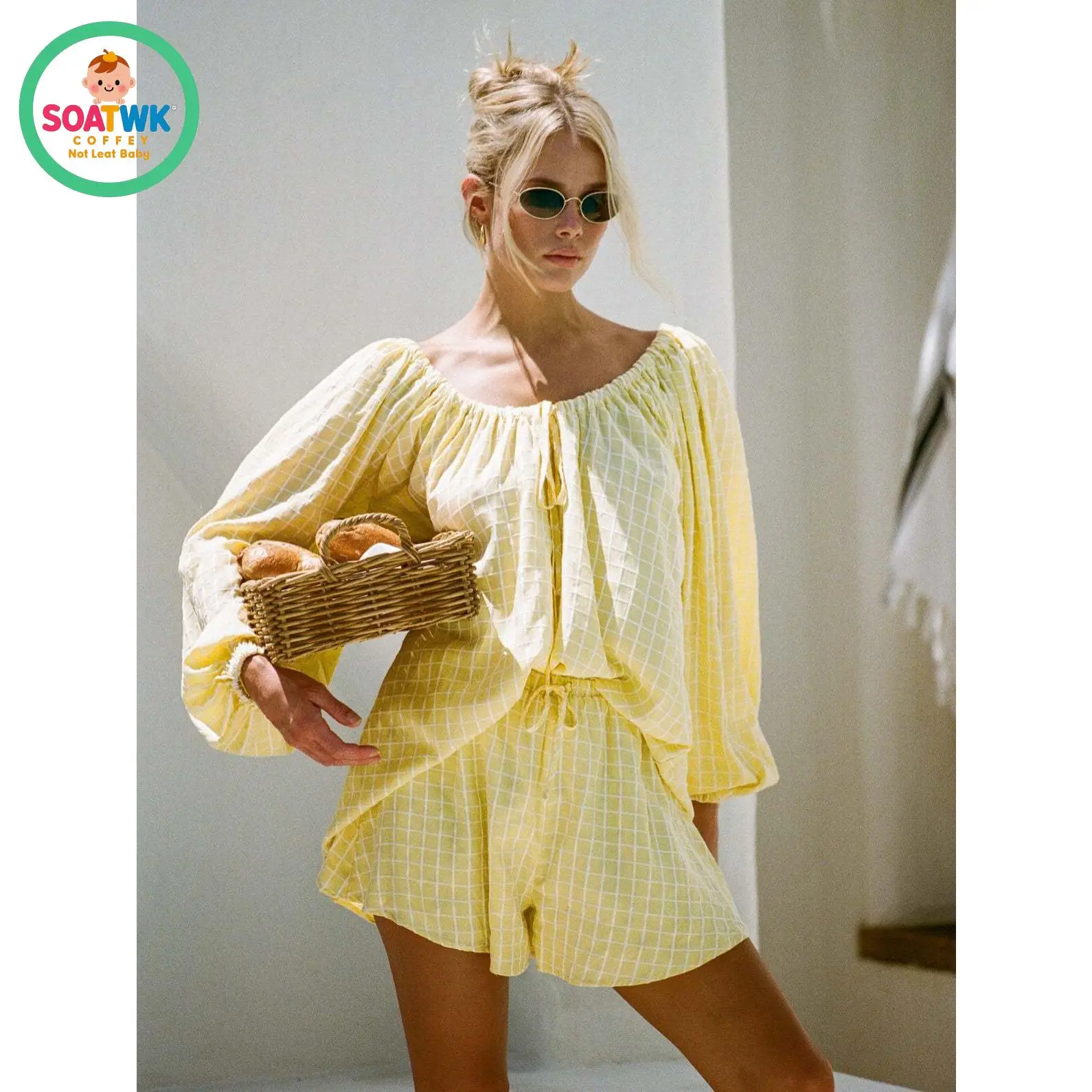 Women Plaid Outfit, Long Sleeve Tie-up Crew Neck T-shirt with Elastic Waist Shorts Summer Outfit