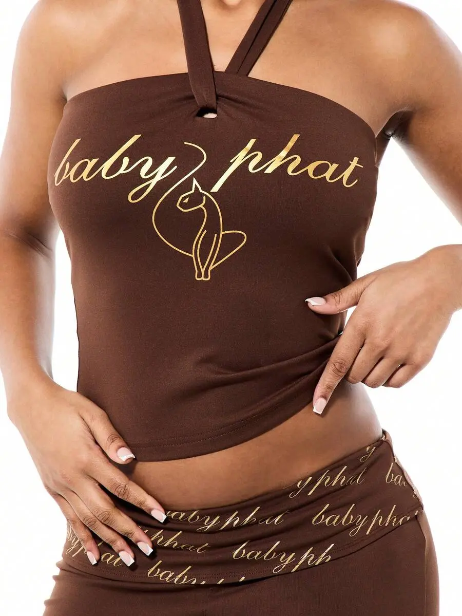 SlaySleep x BABYPHAT Women's Tie Neck Halter Style Jersey Top With Text Print Brown Sleeveless Cropped Bandeau Blouse