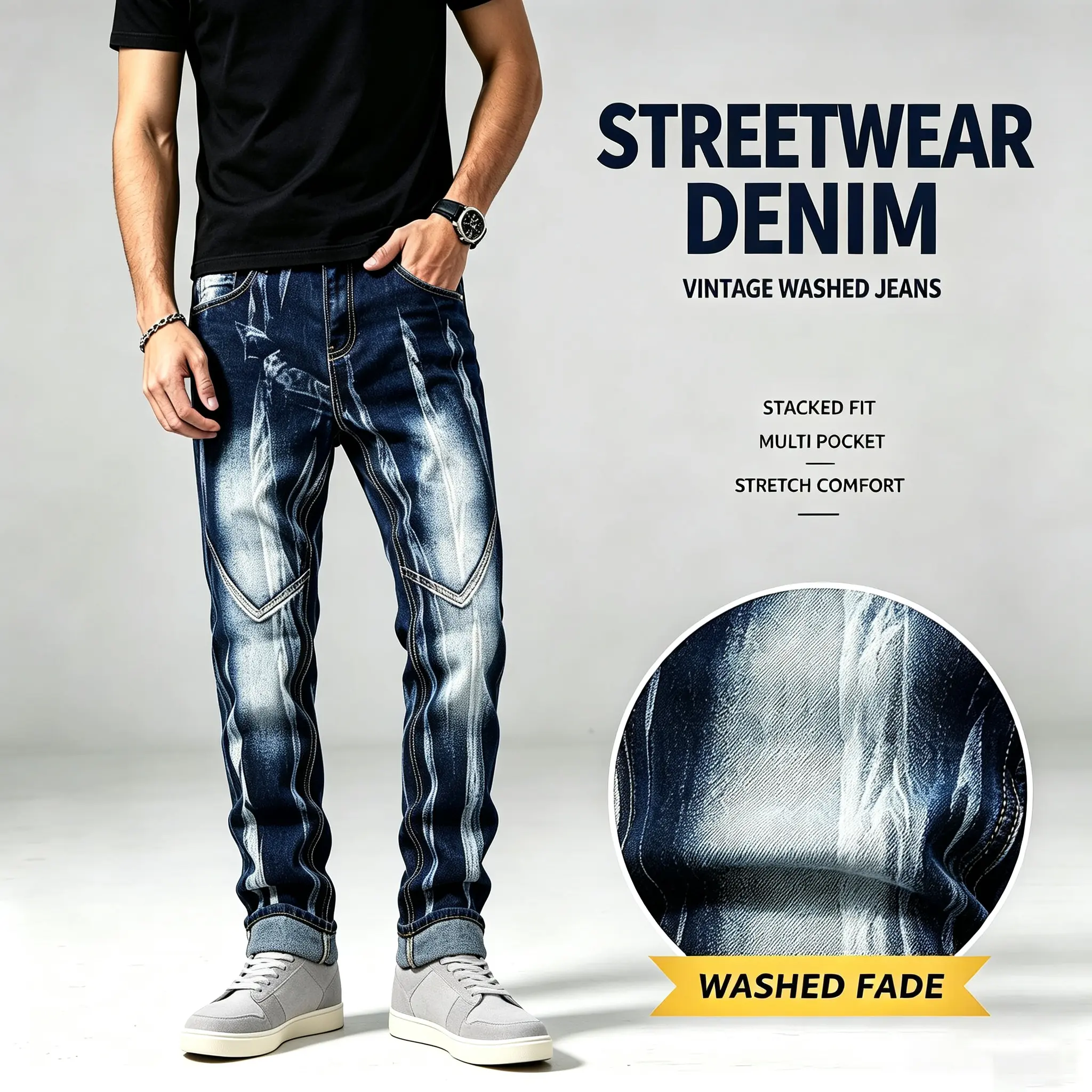 JUNBAOSS Men's High Stretch Slim Straight Denim Jeans, Comfort Flex Waist, Ripped Distressed Vintage Streetwear Hipster Pants with Zipper Pockets, Zipper Button Closure Cotton Casual Outfits