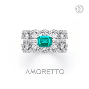 AMORETTO Vintage Emerald Cut Green Statement Ring Rhodium Plated Brass Openwork Cocktail Ring Art Deco Style Wedding Guest Jewelry