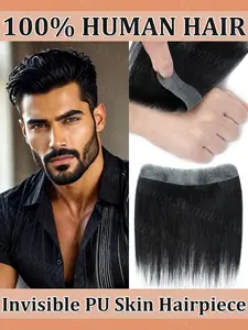 Men's PU Frontal Hairpiece, Dark Color Replacement for Receding Crown, Thin Polymer Skin Wig Cap, 2x16cm