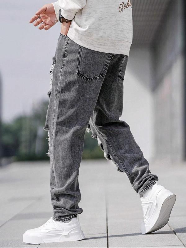 Men's Solid Color Distressed Ripped Jeans, Street Fashion Casual Comfy Grey Denim Pants for Daily Wear, Mens Bottoms for All Seasons, Cotton, Slouchy Jeans
