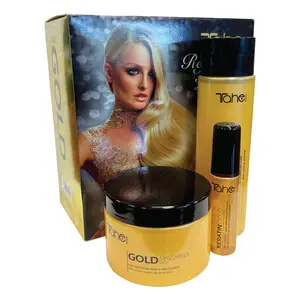 Tahe Keratin Gold Small Kit - Shampoo 300ml + Mask 300ml + Serum 30ml for Damaged Hair with Argan Oil & Liquid Gold Formula