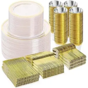 600 count Clear  Dinnerware Set for 100 Guests, Plastic Plates for Party, Christmas and  Year, 100 Disposable Plates, 100 Dessert Plates, 100 Cups, 100 Spoons, 100 Forks and 100