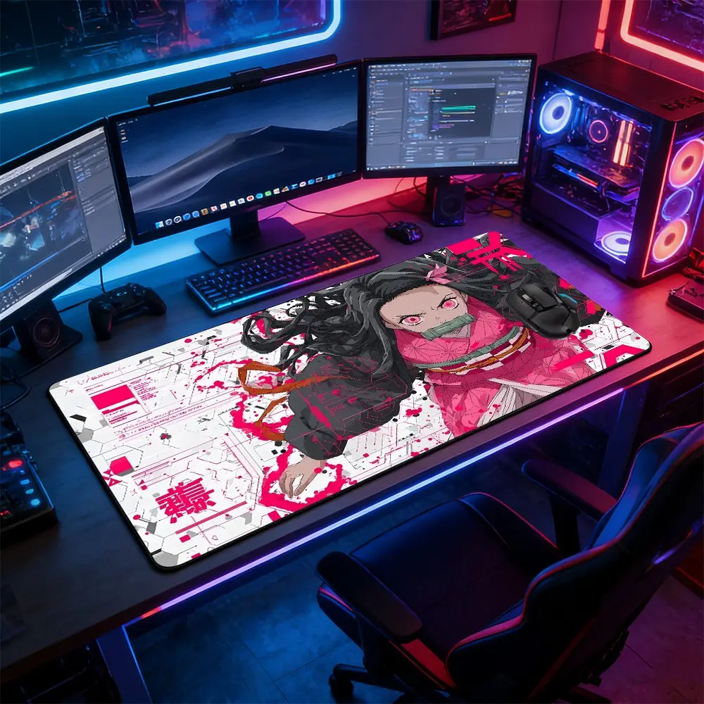 Cyberpunk Style Pink Anime Girl Large Extended Gaming Mousepad, Non-Slip Rubber Base Stitched Lock Edge Desk Mat, Japanese Anime Tech Graffiti Art Design, Durable Computer Accessory for Home Office & Gaming Setup, Perfect Gift for Anime Fans & Gamers